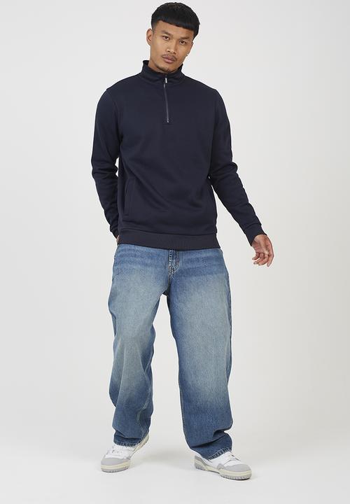 Brave Soul - Quarter Zip Funnel Neck Sweatshirt - Navy