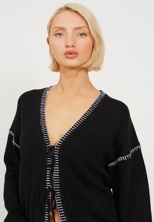 Brave Soul - Ladies Jersey Knit With Tie Front - Black/Ivory Stitch
