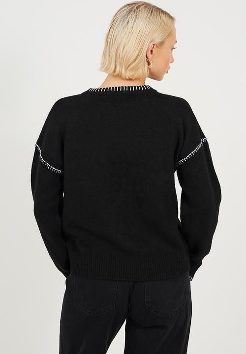Brave Soul - Ladies Jersey Knit With Tie Front - Black/Ivory Stitch