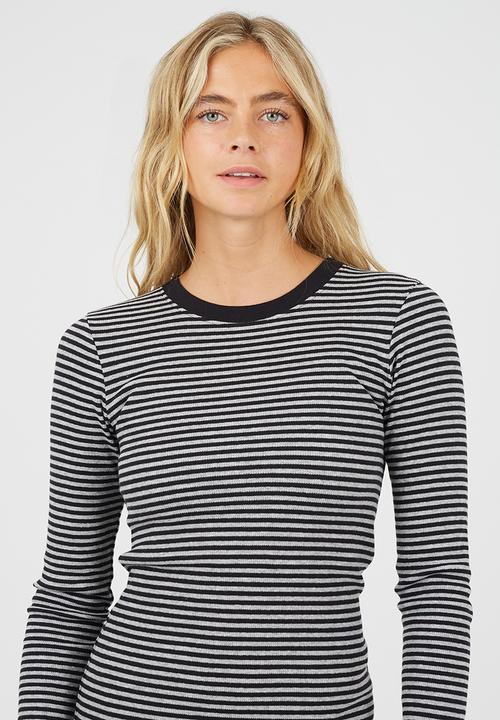 Brave Soul - Ladies Ribbed Long Sleeve Striped Midi Dress - Black/Grey Marl
