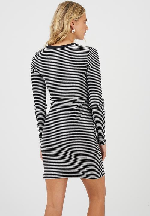 Brave Soul - Ladies Ribbed Long Sleeve Striped Midi Dress - Black/Grey Marl