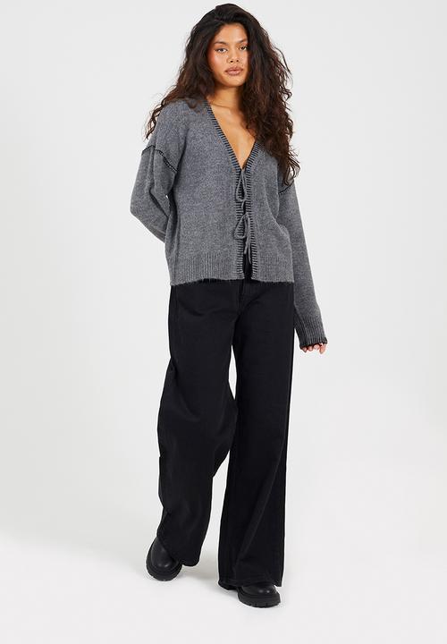 Brave Soul - Ladies Jersey Knit With Tie Front - Charcoal/Black Stitch