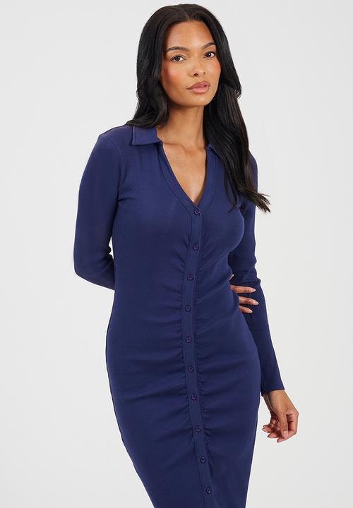 Brave Soul - Ladies Rib Long Button Through Dress - Navy