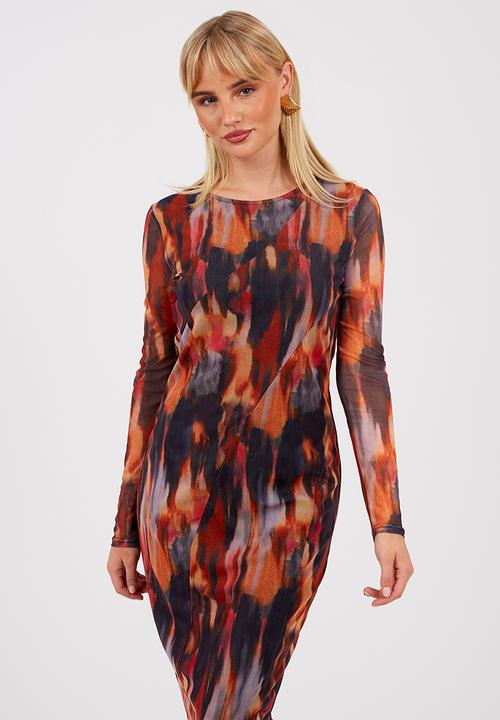 Brave Soul - Ladies Long Sleeve Printed Mesh Dress - Orange/Multi Print