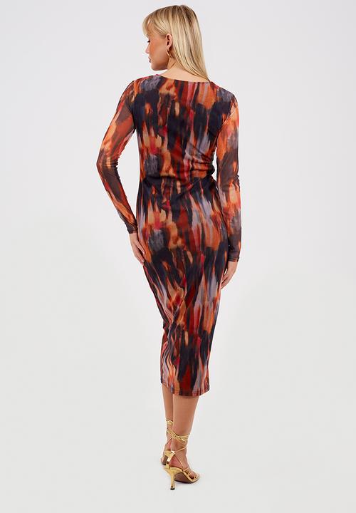 Brave Soul - Ladies Long Sleeve Printed Mesh Dress - Orange/Multi Print