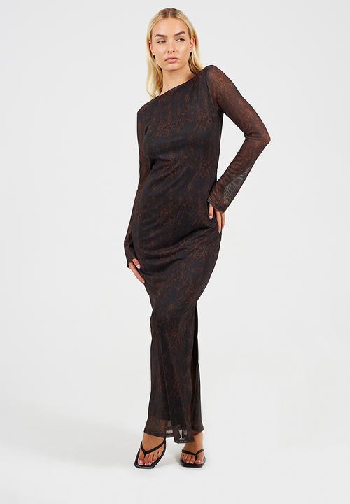 Ladies Long Sleeve Maxi Mesh Snake Print Dress - Brown Snake Print