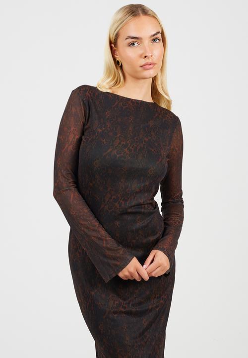 Brave Soul - Ladies Long Sleeve Maxi Mesh Snake Print Dress - Brown Snake Print