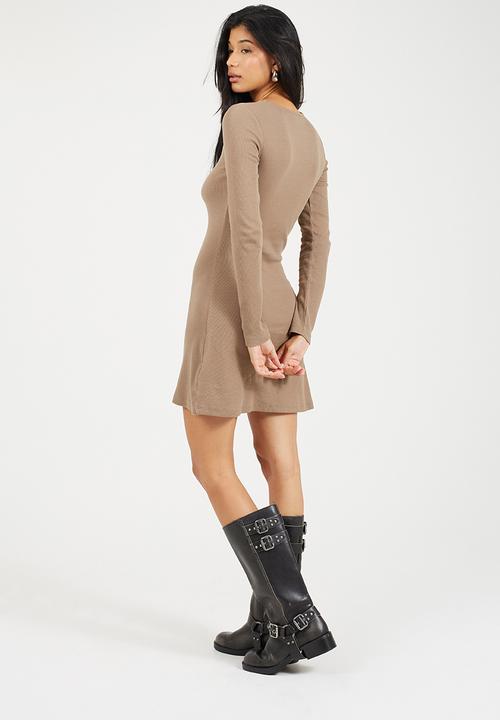 Brave Soul - Ladies Long Sleeve Ribbed Midi Dress - Taupe