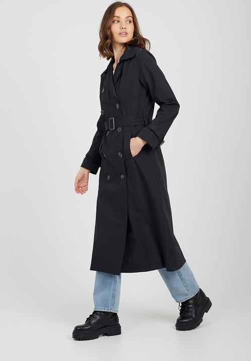 Brave Soul - Ladies Double Breasted Classic Mac Maxi Length - Black