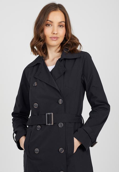 Brave Soul - Ladies Double Breasted Classic Mac Maxi Length - Black