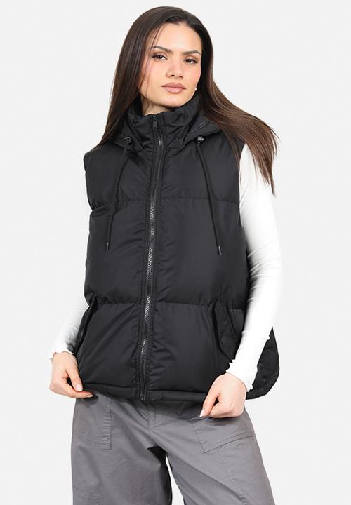 Ladies Padded Short Gilet With Fixed Hood Zipper - Black