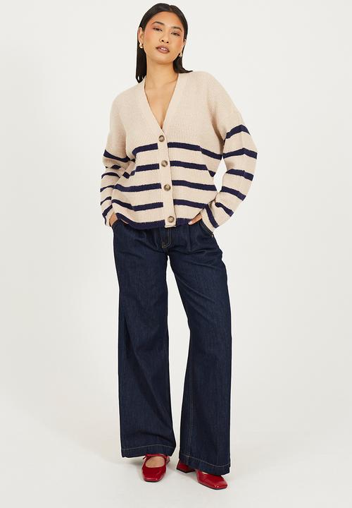 Brave Soul - Ladies V Neck Stripe Cardi - Oatmeal/Navy Stripe