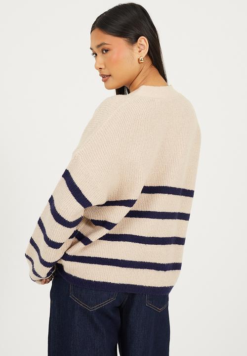 Brave Soul - Ladies V Neck Stripe Cardi - Oatmeal/Navy Stripe