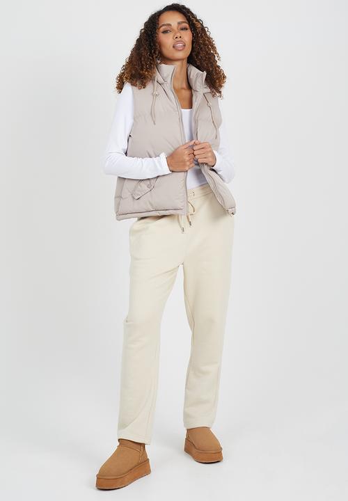 Brave Soul - Ladies Padded Short Gilet With Fixed Hood - Stone