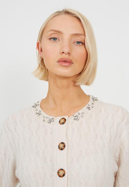 Brave Soul - Ladies Cable Knit Crew Neck Cardi - Oatmeal
