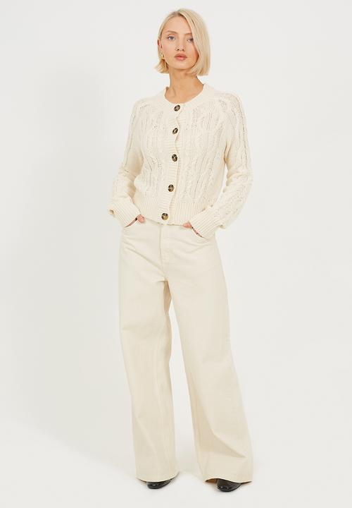 Brave Soul - Ladies Crew Neck Cable Cardi - Ecru