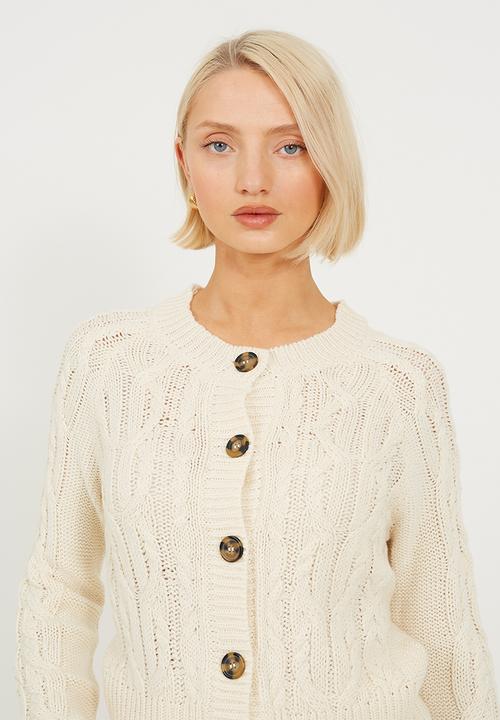 Brave Soul - Ladies Crew Neck Cable Cardi - Ecru