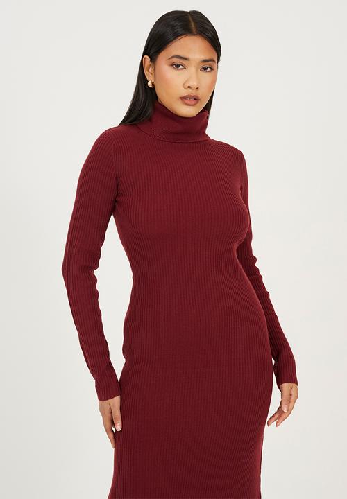 Brave Soul - Ladies Long Line Skinny Ribbed Roll Neck Dress - Wine
