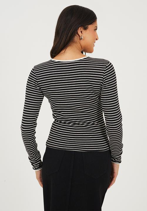 Brave Soul - Ladies Ribbed Long Sleeve Striped Tie Top - Black/Cream