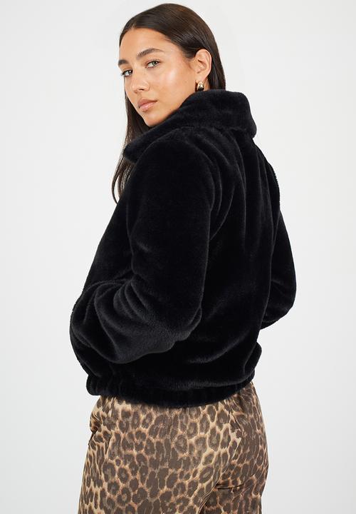 Ladies Short Faux Fur Jacket - Black
