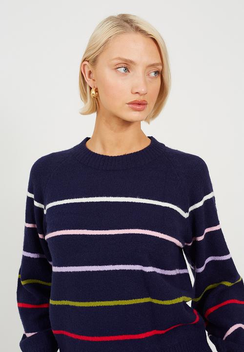 Brave Soul - Ladies Raglan Crew Neck Jumper With Multi Coloured  Stripe - Navy/Multi Stripe