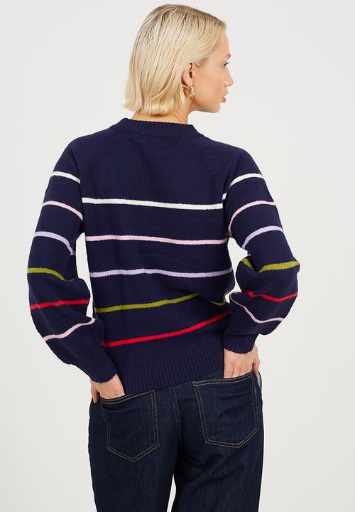Brave Soul - Ladies Raglan Crew Neck Jumper With Multi Coloured  Stripe - Navy/Multi Stripe