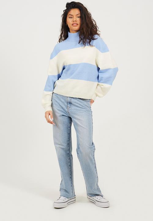 Brave Soul - Ladies Crew Neck Stripe Jumper With Balloon Sleeves - Blue/Ivory Stripe