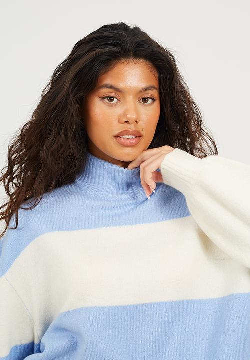 Brave Soul - Ladies Crew Neck Stripe Jumper With Balloon Sleeves - Blue/Ivory Stripe