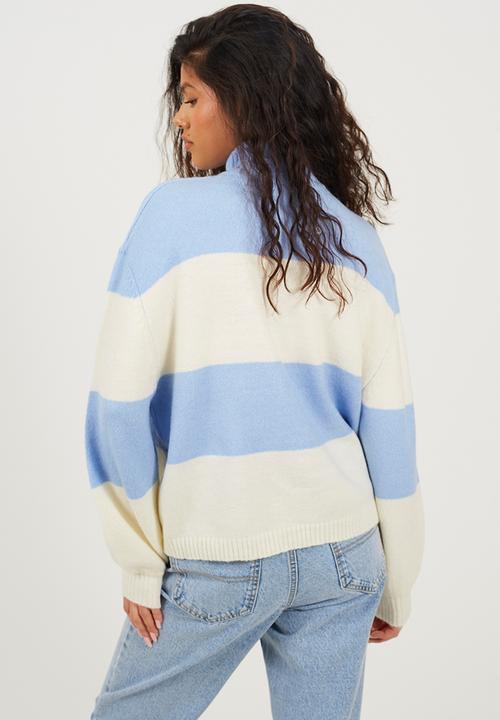 Brave Soul - Ladies Crew Neck Stripe Jumper With Balloon Sleeves - Blue/Ivory Stripe