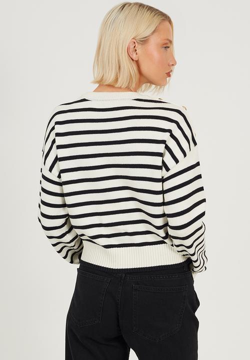 Brave Soul - Ladies Crew Neck Stripe Cotton Boxy Shape Jumper - Ivory/Black Stripe