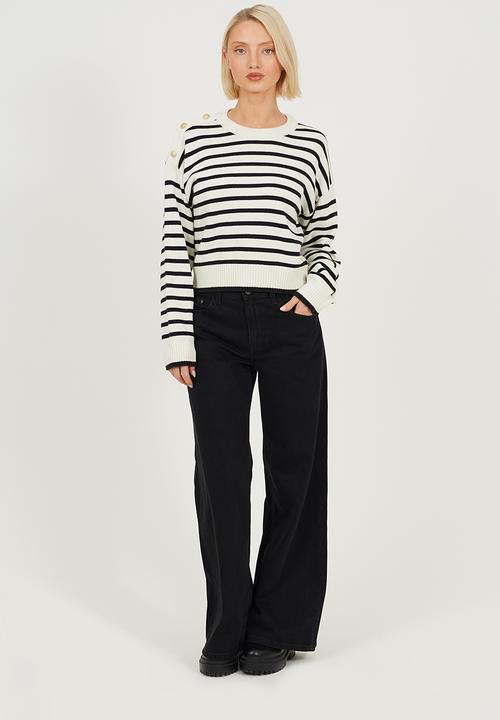 Brave Soul - Ladies Crew Neck Stripe Cotton Boxy Shape Jumper - Ivory/Black Stripe