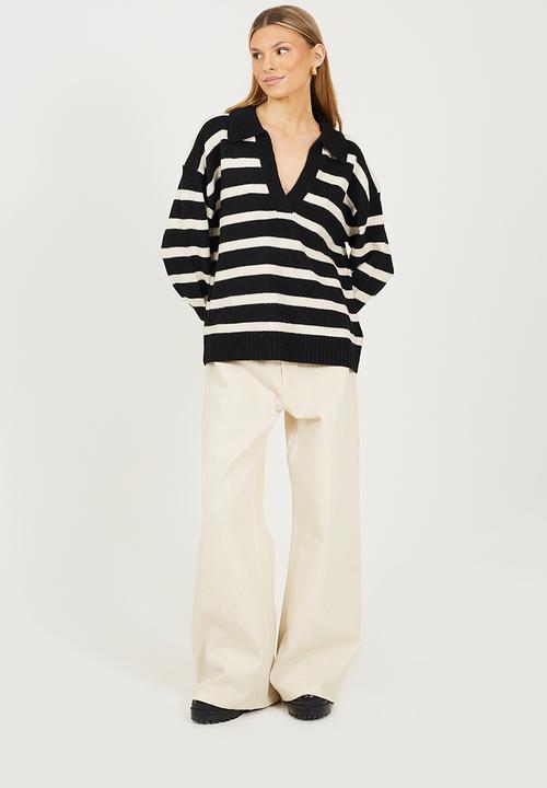 Brave Soul - Ladies V Neck Stripe Jumper - Black/Oatmeal Stripe