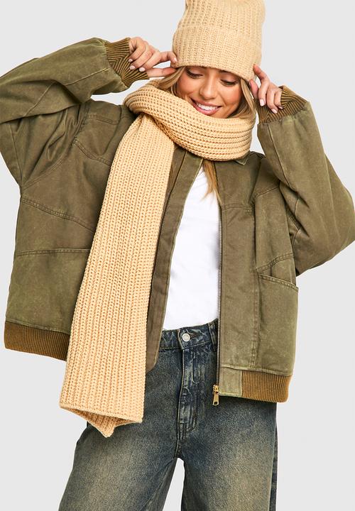 boohoo - Chunky Ribbed Knit Long Scarf- Beige