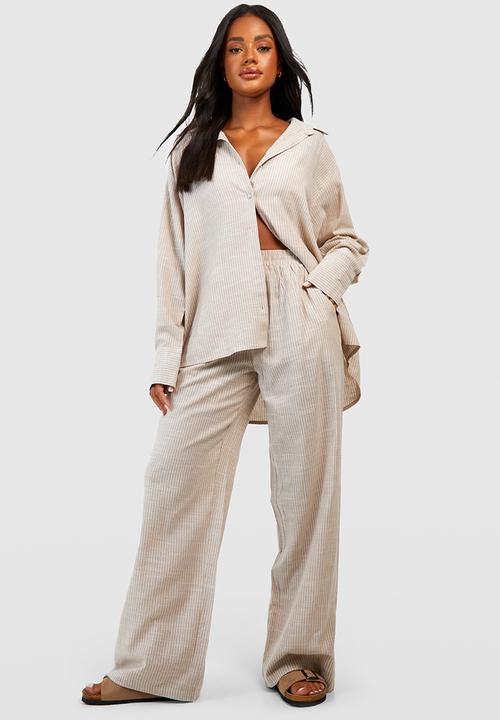 boohoo - Cotton tonal pinstripe pyjama trouser - stone