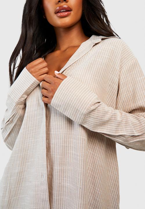 boohoo - Cotton tonal pinstripe oversized pyjama shirt - stone