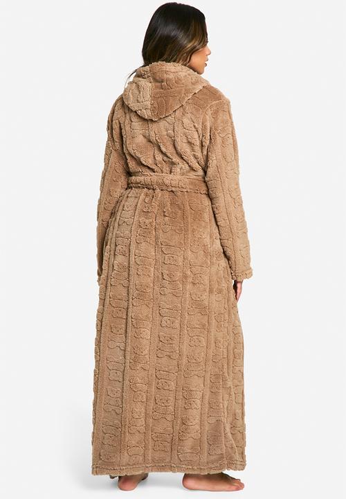 boohoo - Embossed bear print fleece hooded long dressing gown - brown