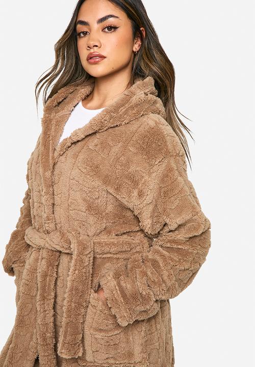 boohoo - Embossed bear print fleece hooded long dressing gown - brown