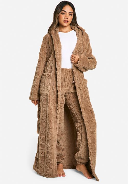 boohoo - Embossed bear print fleece hooded long dressing gown - brown