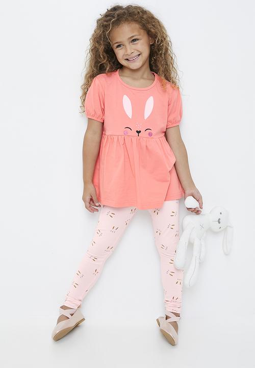 Pop Candy - Bunny face tee peplum tee with printed leggings - pink