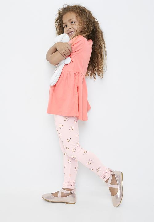 Pop Candy - Bunny face tee peplum tee with printed leggings - pink