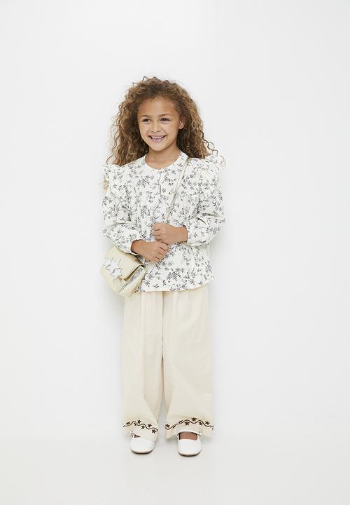 Pop Candy - Embroidered floral motif pants - cream