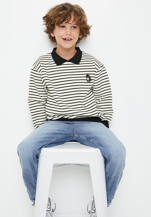 Pop Candy - Striped collared sweat top-black & white