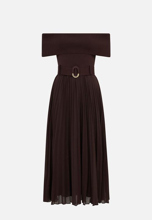 Forever New - Capri bardot pleat hem midi dress in chocolate 