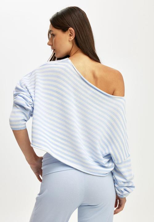 Cotton On - Off the shoulder cropped knit - violet blue/coconut milk gracie stripe