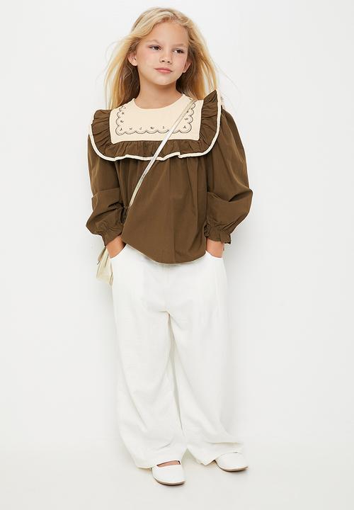 Pop Candy - Embroidered bib ruffle sleeve blouse - brown/beige