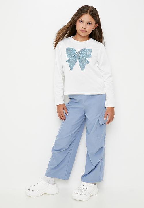 Pop Candy - Long sleeve tee & cargo pants set - white/blue/bow