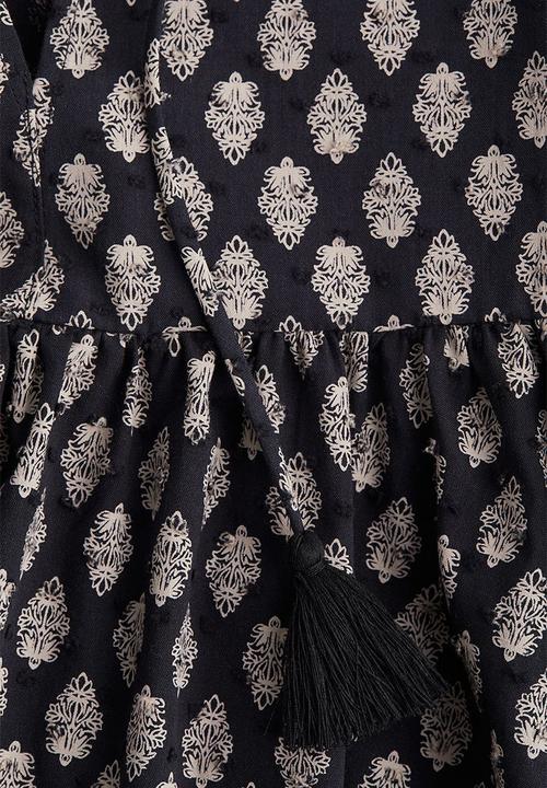 H&M - Tie-detail cotton dress - black patterned