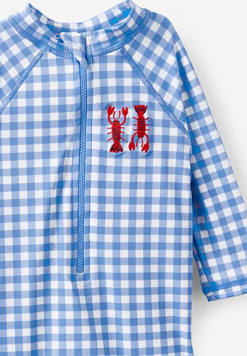Cotton On - Cameron Long Sleeve Swimsuit - Deep Sea Blue/Gingham Lobster