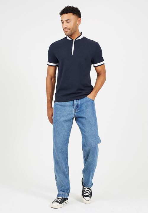 Brave Soul - Short Sleeve Metal 1/4 Zip Placket With Baseball Neck - Navy / Cream