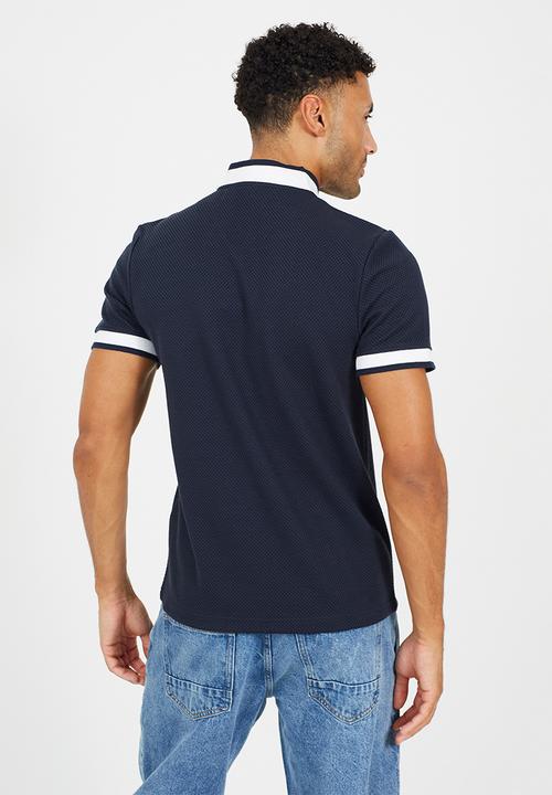 Brave Soul - Short Sleeve Metal 1/4 Zip Placket With Baseball Neck - Navy / Cream